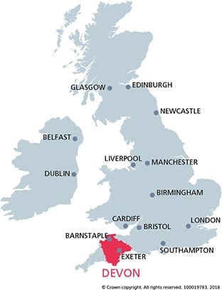 map of UK with Devon highlighted