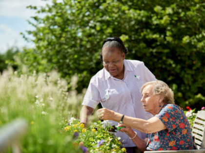 A care worker and older people in a garden